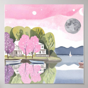Schöner See am Haus mit Vollmond-Rosa Poster