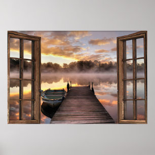 Schöner See durch Fenster mit Schiff horizontal Poster