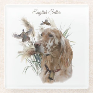 Schöner Setter mit Fasanen, Kunst Glasuntersetzer