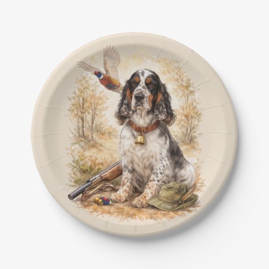 Schöner Setter mit Fasanen, Kunst Pappteller (Vorderseite)