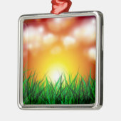 Schöner Sonnenaufgang über einem Grasfeld Silbernes Ornament (Links)
