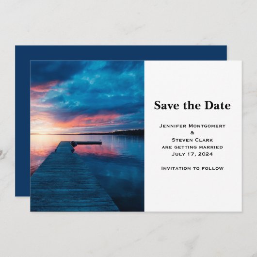 Schöner Sonnenuntergang auf einem ruhigen See Hoch Save The Date (Vorne/Hinten)