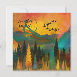 Schöner Sonnenuntergang, Bäume und Vögel Hochzeit Einladung