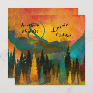 Schöner Sonnenuntergang, Bäume und Vögel Hochzeit Einladung