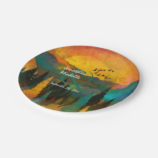 Schöner Sonnenuntergang, Bäume und Vögel Hochzeit Pappteller (Schrägansicht)