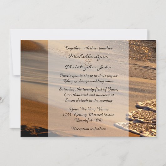 Schöner Sonnenuntergang, Sandstrand, Hochzeit bei  Einladung (Vorderseite)