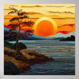 Schöner Sonnenuntergang über dem Fluss mit Blume Poster