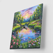 Schöner Sonnenuntergang über dem Fluss Quadratische Wanduhr (Winkel)