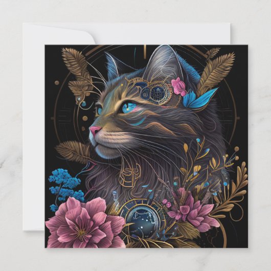 Schöner Steampunk Maine Coon mit Blume KI Art (Vorderseite)