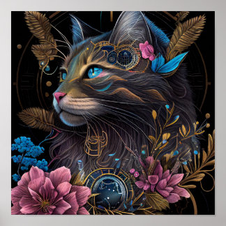 Schöner Steampunk Maine Coon mit Blume KI Art Poster