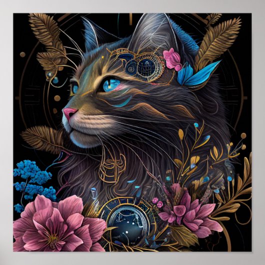 Schöner Steampunk Maine Coon mit Blume KI Art Poster (Vorne)