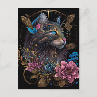 Schöner Steampunk Maine Coon mit Blume KI Art Postkarte