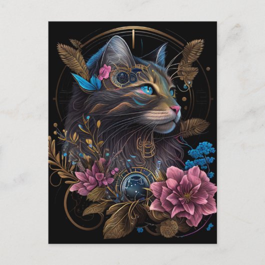 Schöner Steampunk Maine Coon mit Blume KI Art Postkarte (Vorderseite)