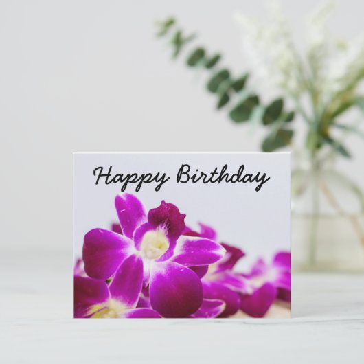 Schöner Stem des Lila Orchideen am weißen Geburtst Postkarte (Stehend Vorderseite)