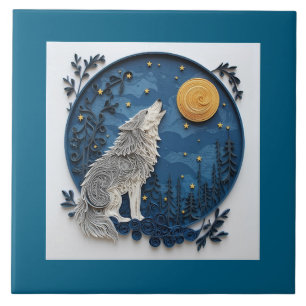 Schöner stilvoller grauer Wolf heult den Mond an Fliese