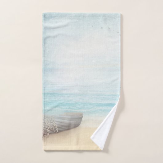Schöner Strand mit Rowboat & Fishing Net Badhandtuch Set (Handtuch)