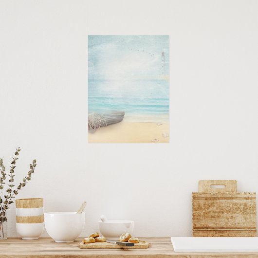 Schöner Strand mit Rowboat & Fishing Net Poster (Küche)