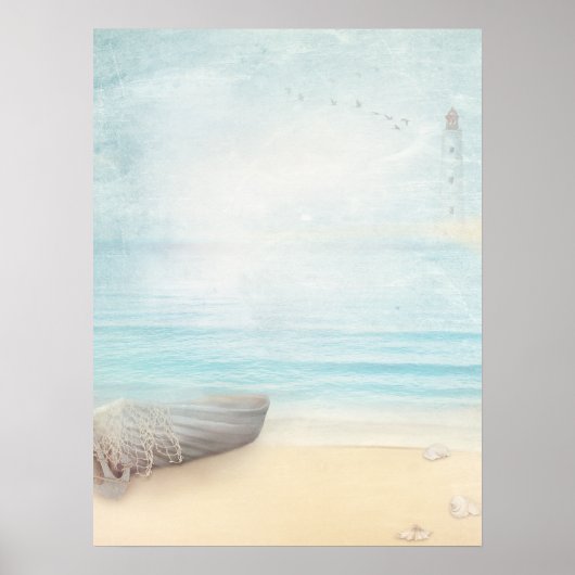 Schöner Strand mit Rowboat & Fishing Net Poster (Vorne)
