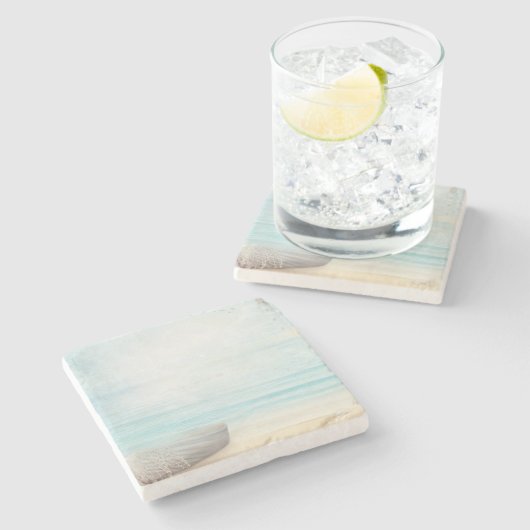 Schöner Strand mit Rowboat & Fishing Net Steinuntersetzer (Seitenansicht)