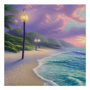 Schöner Strand Ozean weht Nachtwolken Poster