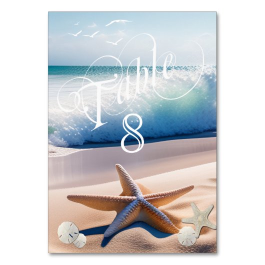 Schöner Strand Türkis Waves Seaguls Starfish Tischnummer (Rückseite)