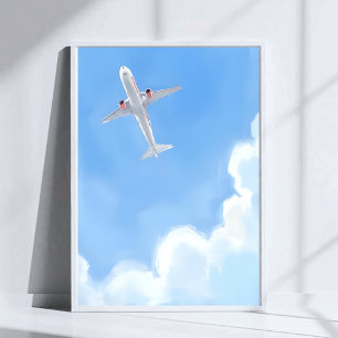 Schöner Tag Blauer Himmel Wolken Flugzeug Aquarell Poster