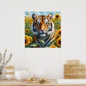 Schöner Tiger auf dem Sonnenblumenfeld Poster (Küche)
