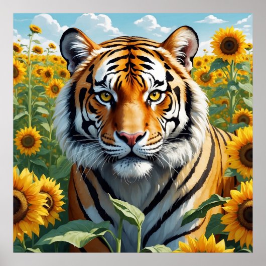 Schöner Tiger auf dem Sonnenblumenfeld Poster (Vorne)