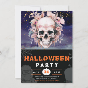 Schöner Totenkopf mit Blumen Schwarzes Halloween Einladung