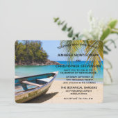 Schöner tropischer Strand mit einer Rowboat-Hochze Einladung (Stehend Vorderseite)