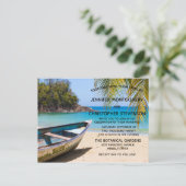 Schöner tropischer Strand mit einer Rowboat-Hochze Einladungspostkarte (Stehend Vorderseite)