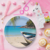 Schöner tropischer Strand mit Rowboat Pappteller (Party)