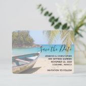 Schöner tropischer Strand mit Rowboat Save The Date (Stehend Vorderseite)