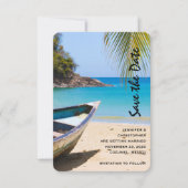 Schöner tropischer Strand mit Rowboat Save The Date (Vorderseite)