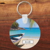 Schöner tropischer Strand mit Rowboat Schlüsselanhänger (Vorderseite)