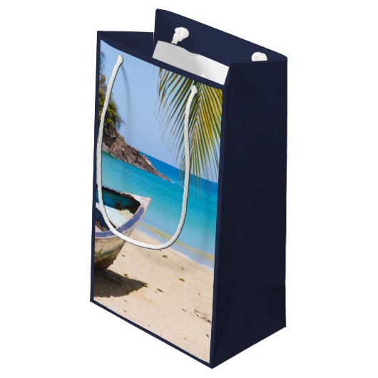 Schöner tropischer Strand mit Rowboat Vielen Dank Kleine Geschenktüte (Rückseite Schrägansicht)