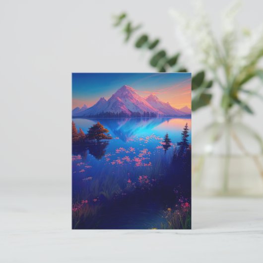 Schöner überlaufener See mit majestätischen Bergen Postkarte (Stehend Vorderseite)