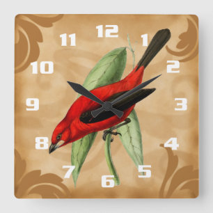 Schöner und einzigartiger Vintager Roter Vogel Ver Quadratische Wanduhr