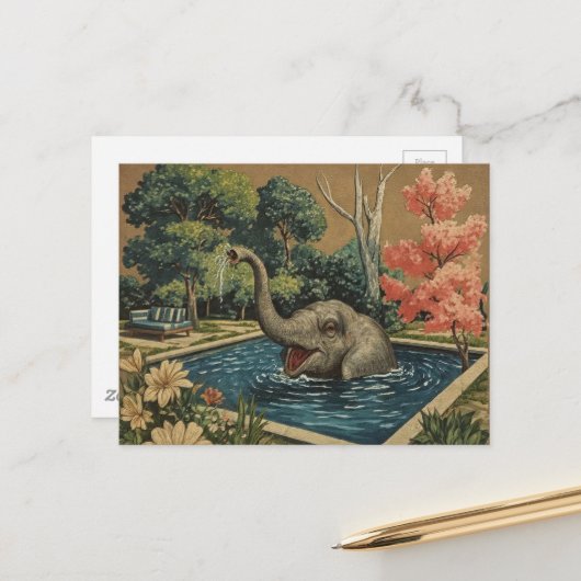 Schöner Vintage-Elefant im Pool Postkarte (Vorderseite/Rückseite Beispiel)