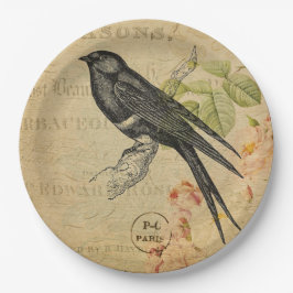 Schöner Vintager Schwalben-Vogel-Blumencollage Pappteller