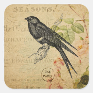 Schöner Vintager Schwalben-Vogel-Blumencollage Quadratischer Aufkleber