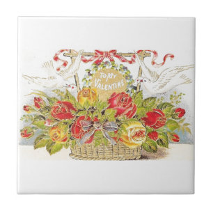 Schöner Vintager Valentine-Tauben-u. Rosen-Korb Fliese