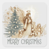 Schöner Vintager Wächter Engel mit Kindern Quadratischer Aufkleber (Vorderseite)