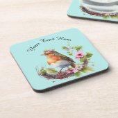 Schöner Vogel an Zweigen mit Blume Monogram Getränkeuntersetzer (Linke Seite)