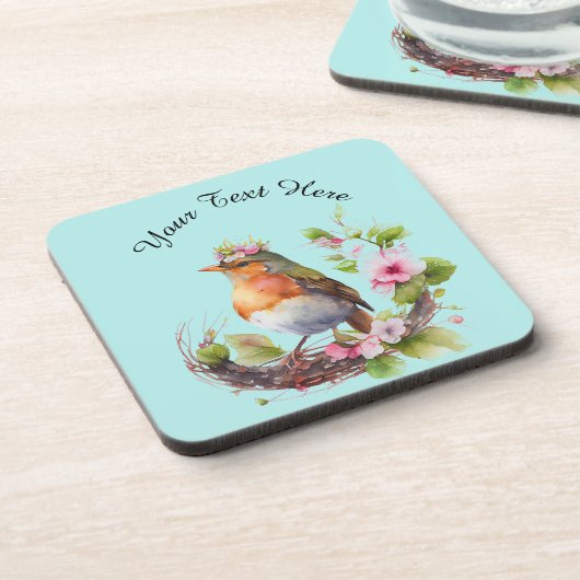 Schöner Vogel an Zweigen mit Blume Monogram Getränkeuntersetzer (Linke Seite)