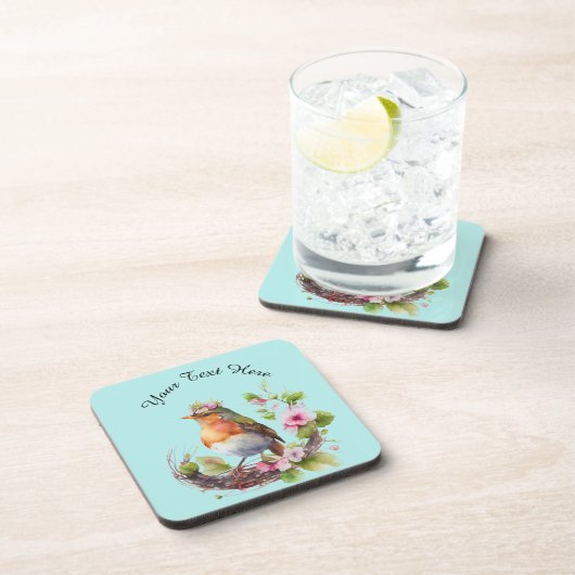 Schöner Vogel an Zweigen mit Blume Monogram Getränkeuntersetzer (Rechte Seite)