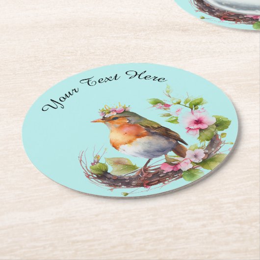 Schöner Vogel an Zweigen mit Blume Monogram Runder Pappuntersetzer (Angewinkelt)