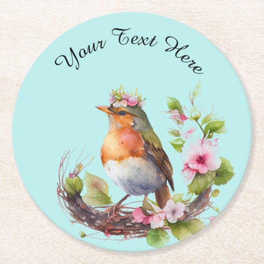 Schöner Vogel an Zweigen mit Blume Monogram Runder Pappuntersetzer (Vorderseite)