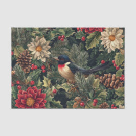 Schöner Vogel auf Kiefernzweig mit Blumen Seidenpapier