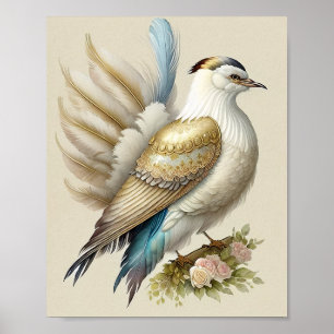 Schöner Vogeldruck Federn Sanfte Neutraltöne Rosen Poster